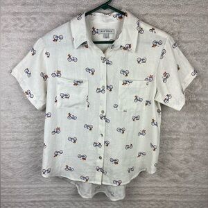 RAE DUNN Bicycle Flowers in Basket Linen Button Up Shirt Medium Novelty Print